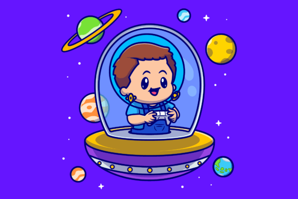 Cute Boy Astronaut UFO Graphics & Illustrations Review