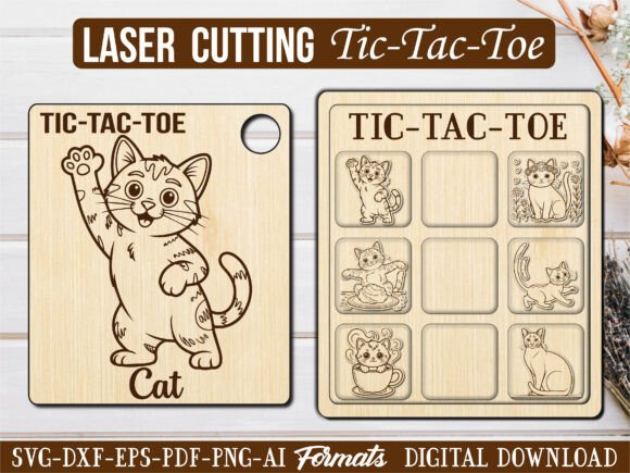 Cute Kitten Cat Tic Tac Toe Puzzle Game Graphics & Laser Engraving